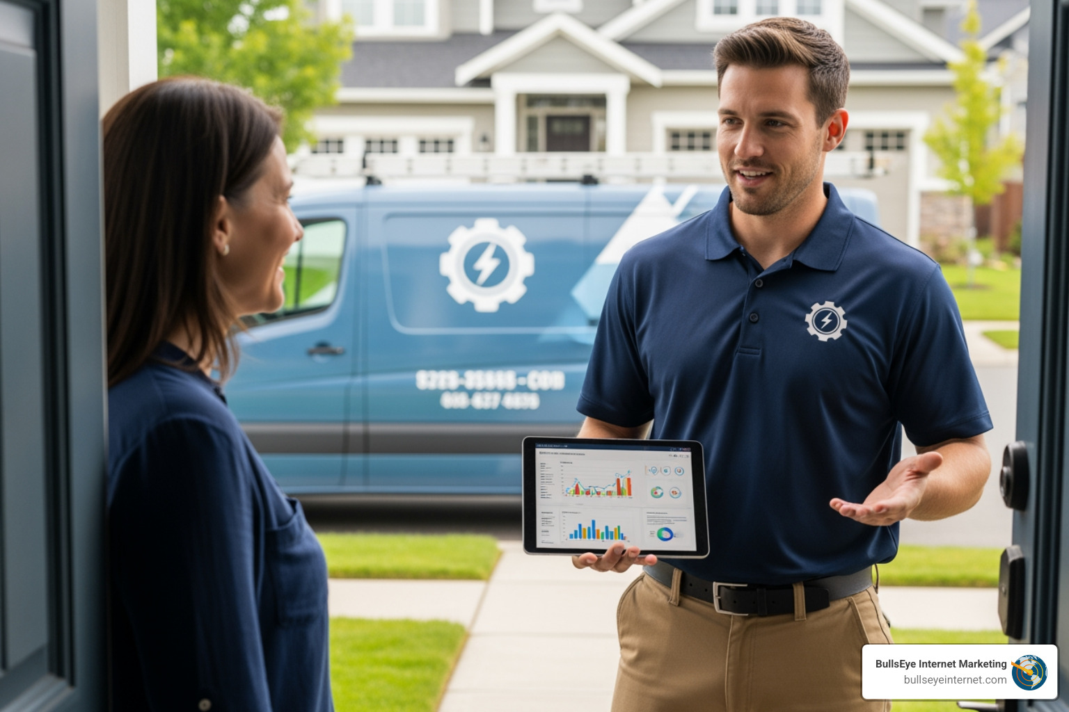 Google search results showing Local Service Ads and PPC ads for an electrician - electrician marketing strategies Man in navy polo shirt presenting a tablet with data charts to a woman at the door, with an electrical service van in the background, illustrating marketing strategies for electricians.