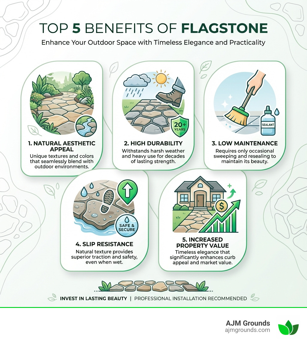 Infographic showing the top 5 benefits of flagstone: 1) Natural Aesthetic Appeal with unique textures and colors that blend with outdoor environments, 2) High Durability that withstands harsh weather and heavy use for decades, 3) Low Maintenance requiring only occasional sweeping and sealing, 4) Slip Resistance from natural texture that provides traction even when wet, and 5) Increased Property Value from timeless elegance that enhances curb appeal - flagstone installers near me infographic 