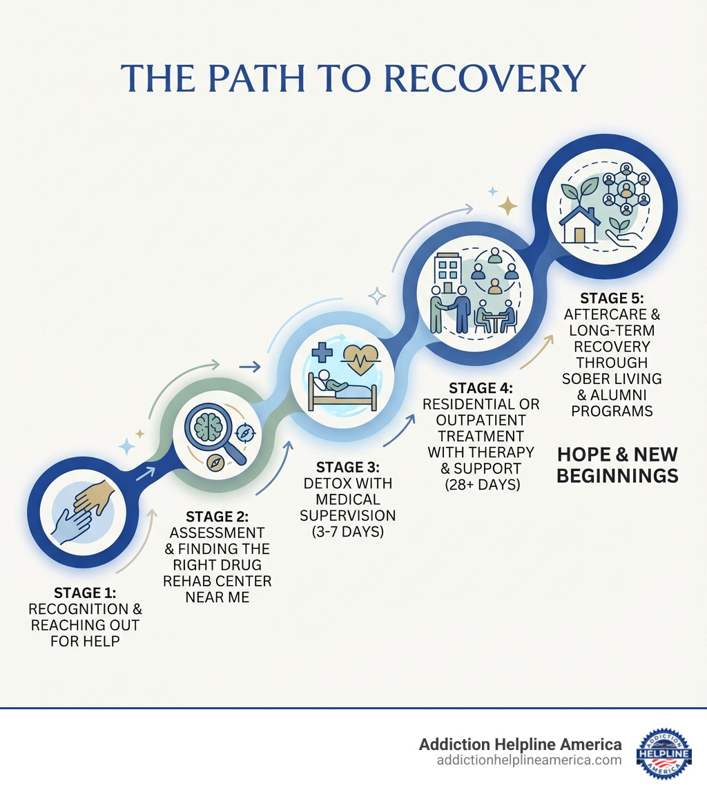infographic showing the path to recovery including five stages: 1) Recognition and reaching out for help, 2) Assessment and finding the right drug rehab center near me, 3) Detox with medical supervision for 3-7 days, 4) Residential or outpatient treatment with therapy and support for 28+ days, 5) Aftercare and long-term recovery through sober living and alumni programs - drug rehab center near me infographic
