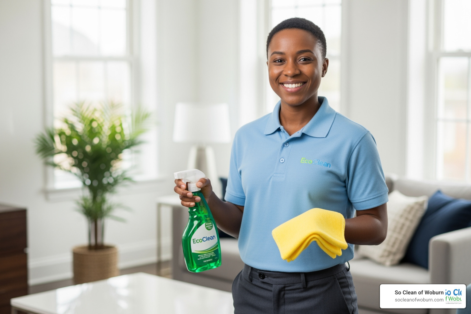A friendly, uniformed cleaning professional holding eco-friendly products - move out cleaning near me