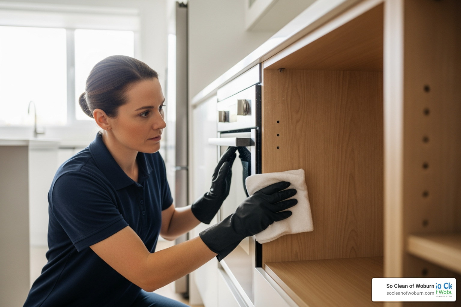 A professional cleaner carefully wiping down the inside of an empty kitchen cabinet - move out cleaning near me