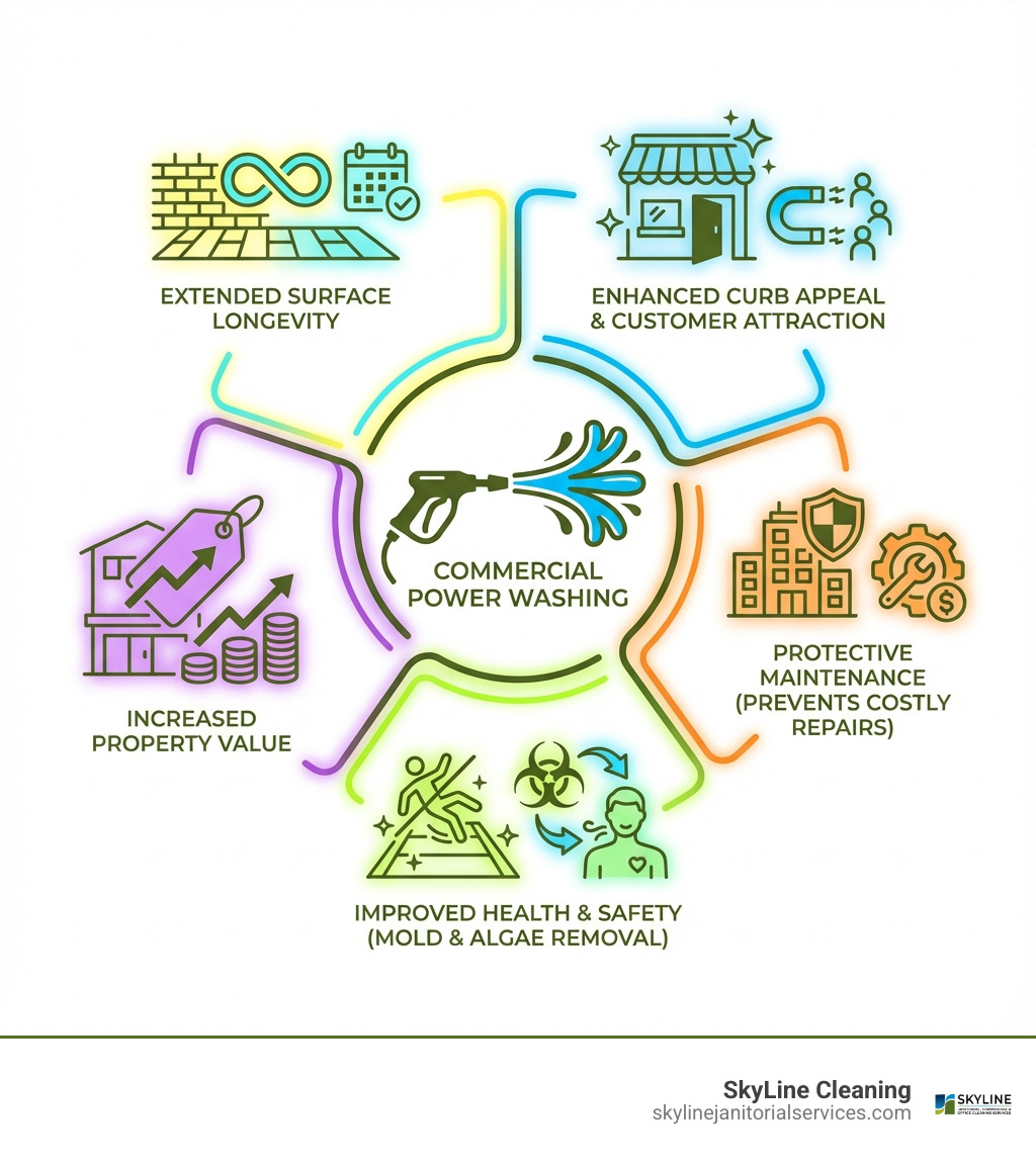infographic showing five key benefits of commercial power washing: enhanced curb appeal and customer attraction, protective maintenance that prevents costly repairs, improved health and safety through mold and algae removal, increased property value, and extended surface longevity - commercial power washing services near me infographic 