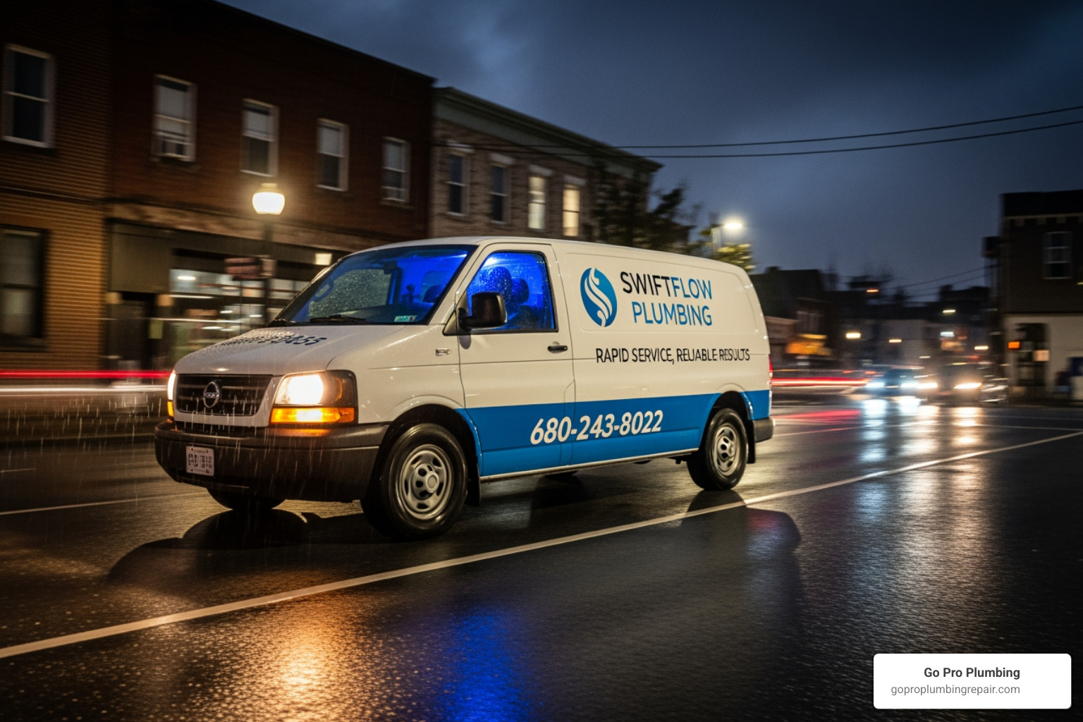 Plumbing van driving at night for an emergency call - Plumbing contractor Sacramento