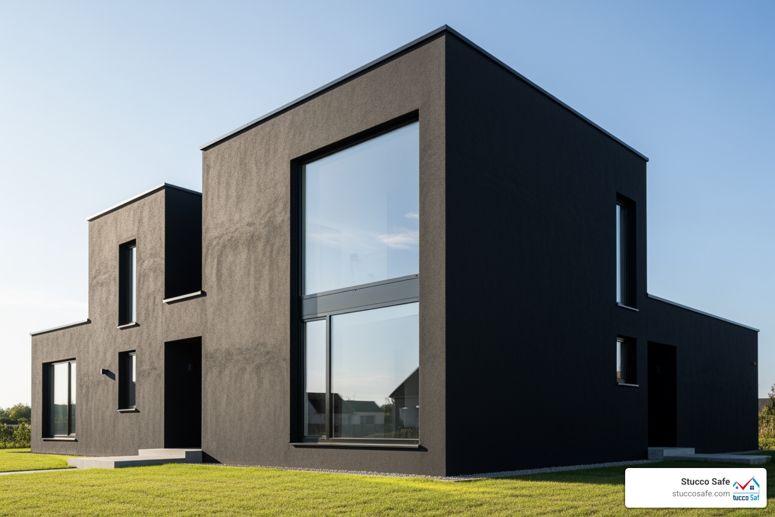 minimalist black stucco cube-shaped house with large, black-framed windows - black stucco house minimalist black stucco cube-shaped house with large, black-framed windows - black stucco house