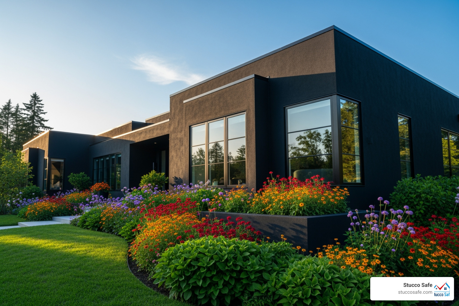 black stucco house with vibrant landscaping - black stucco house black stucco house with vibrant landscaping - black stucco house