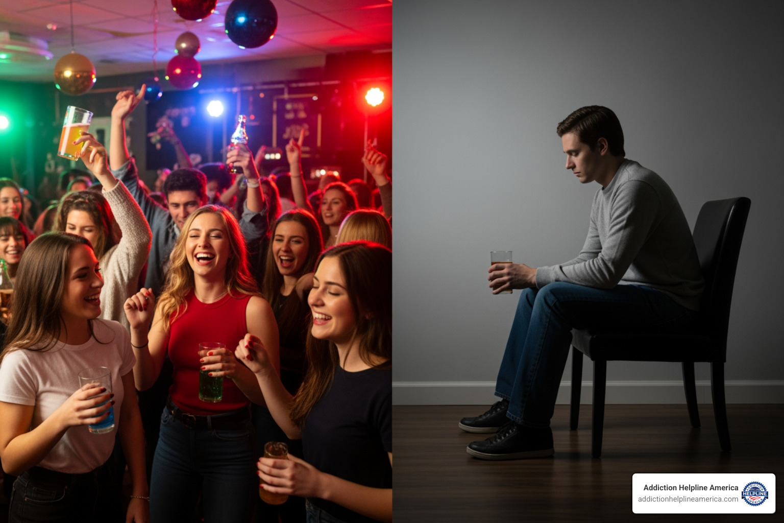 college party scene contrasted with a person drinking alone - stories of alcohol addiction