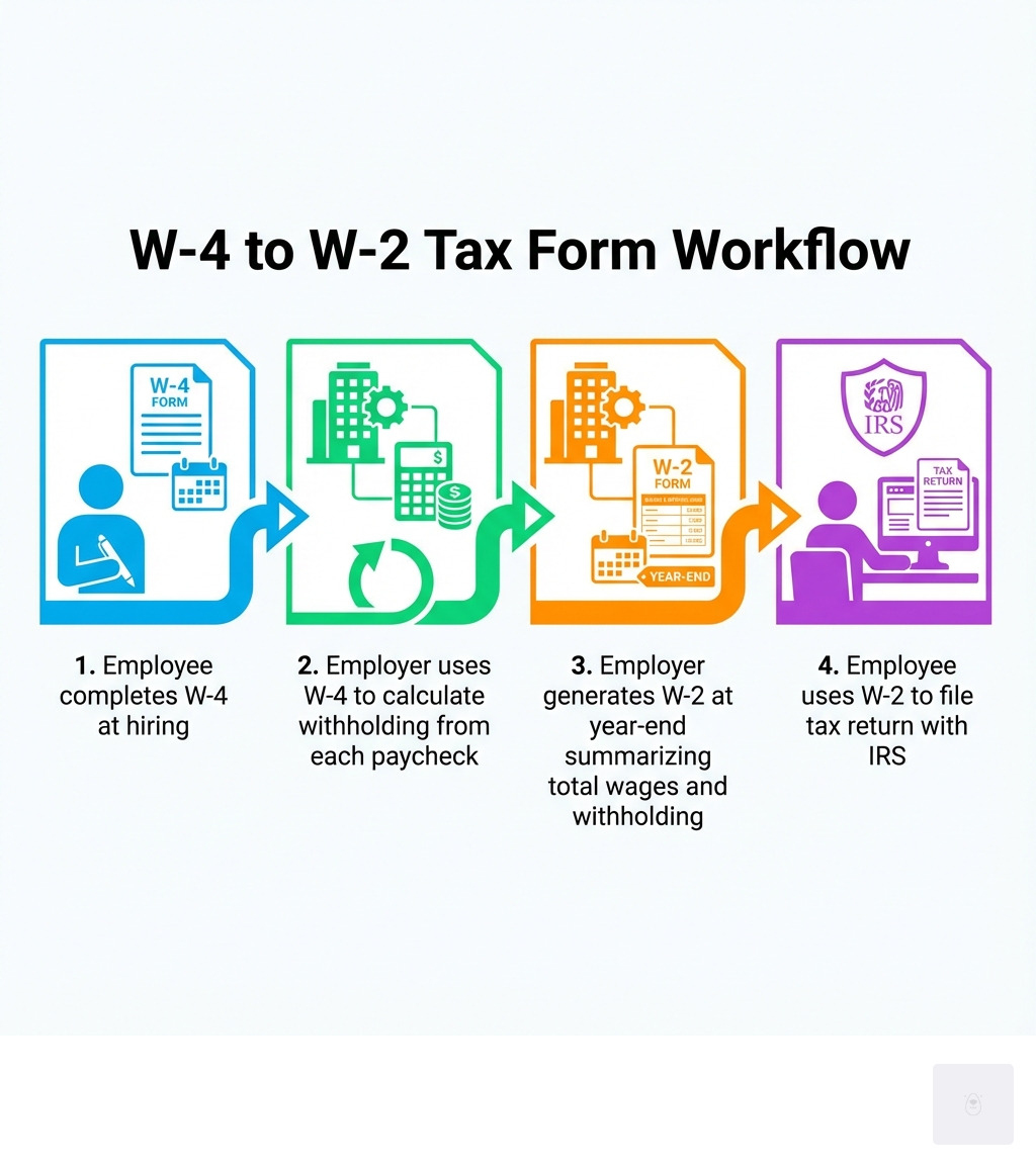 Infografik zum Ablauf der Steuererklärung: Mitarbeiter füllt bei Einstellung das Formular W-4 aus → Arbeitgeber berechnet anhand des W-4 die Lohnsteuerabzüge vom Gehalt → Arbeitgeber erstellt am Jahresende das Formular W-2 mit einer Zusammenfassung der Gesamtvergütung und der Lohnsteuerabzüge → Mitarbeiter reicht mit dem W-2 seine Steuererklärung beim Finanzamt ein – Infografik zum Unterschied zwischen W-2 und W-4 