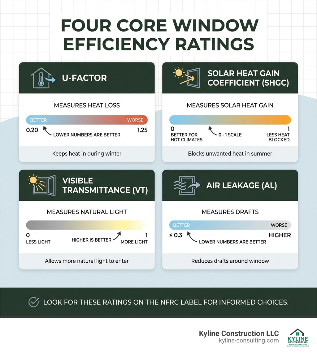 infographic showing the four main window efficiency ratings: U-Factor measuring heat loss with lower numbers being better, SHGC measuring solar heat gain on a 0-1 scale, Visible Transmittance measuring light on a 0-1 scale with higher being better, and Air Leakage measuring drafts with lower numbers being better, all displayed with simple icons and clear value ranges - Window efficiency ratings infographic infographic showing the four main window efficiency ratings: U-Factor measuring heat loss with lower numbers being better, SHGC measuring solar heat gain on a 0-1 scale, Visible Transmittance measuring light on a 0-1 scale with higher being better, and Air Leakage measuring drafts with lower numbers being better, all displayed with simple icons and clear value ranges - Window efficiency ratings infographic