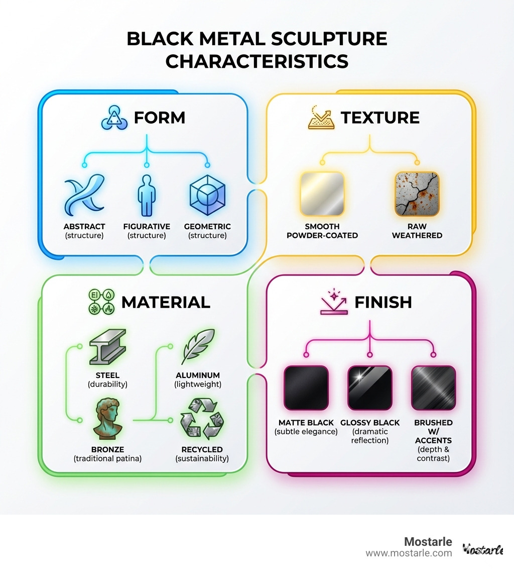 Infographic showing the four key characteristics of black metal sculpture: Form (abstract, figurative, or geometric shapes that define the sculpture's structure), Texture (smooth powder-coated finishes versus raw weathered metal surfaces), Material (steel for durability, aluminum for lightweight designs, bronze for traditional patina, recycled metals for sustainability), and Finish (matte black for subtle elegance, glossy black for dramatic reflection, brushed metal with black accents for depth and contrast) - black metal sculpture infographic 