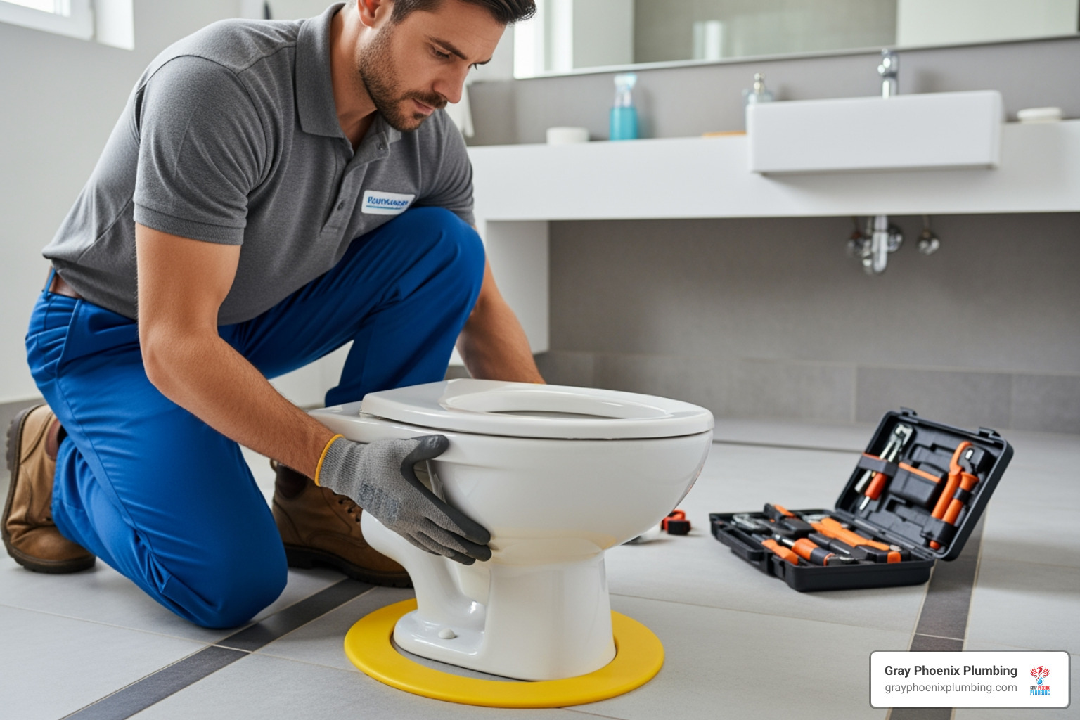 image of a professional plumber carefully setting a new toilet onto a wax ring - Toilet installation Littleton