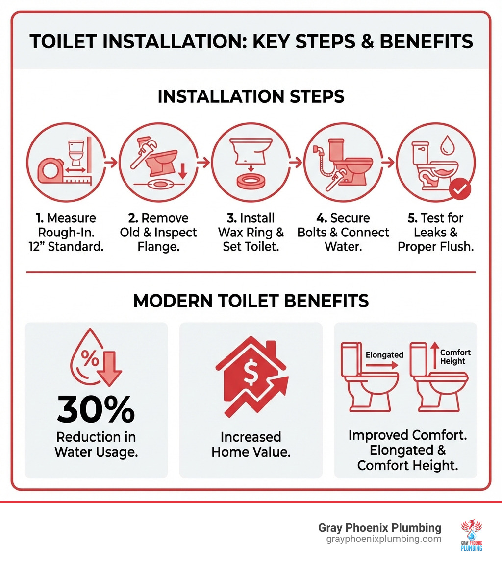 Infographic showing the key steps in toilet installation: 1. Measure rough-in distance (12 inches standard), 2. Remove old toilet and inspect flange, 3. Install new wax ring and set toilet, 4. Secure with bolts and connect water line, 5. Test for leaks and proper flush. Also displays benefits: 30% reduction in water usage with modern toilets, increased home value, improved comfort with features like elongated bowls and comfort height. - Toilet installation Littleton infographic 