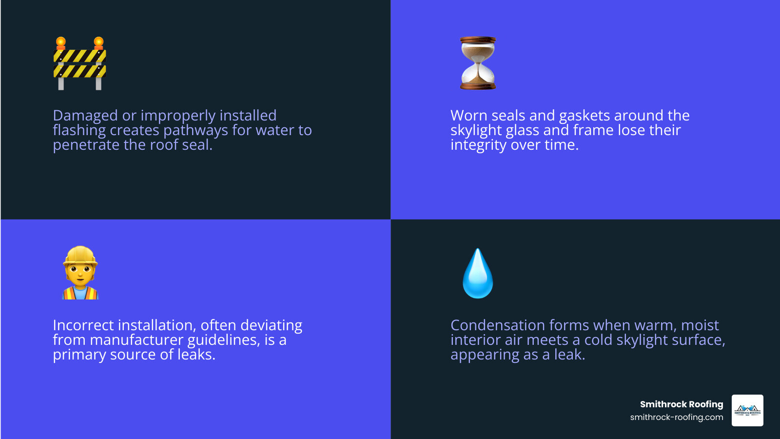 Infographic showing the top 4 causes of skylight leaks: Flashing Failure with corroded metal and gaps at corners; Seal Degradation showing cracked weatherstripping between glass and frame; Improper Installation depicting missing insulation and felt around the rough opening; and Condensation illustrating water droplets forming on cold glass in a humid room - common skylight leaks infographic 4_facts_emoji_blue
