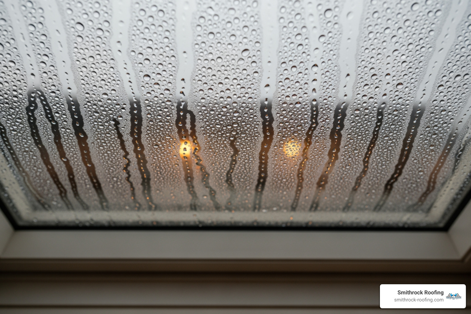 Condensation droplets on the inside of a skylight pane - common skylight leaks