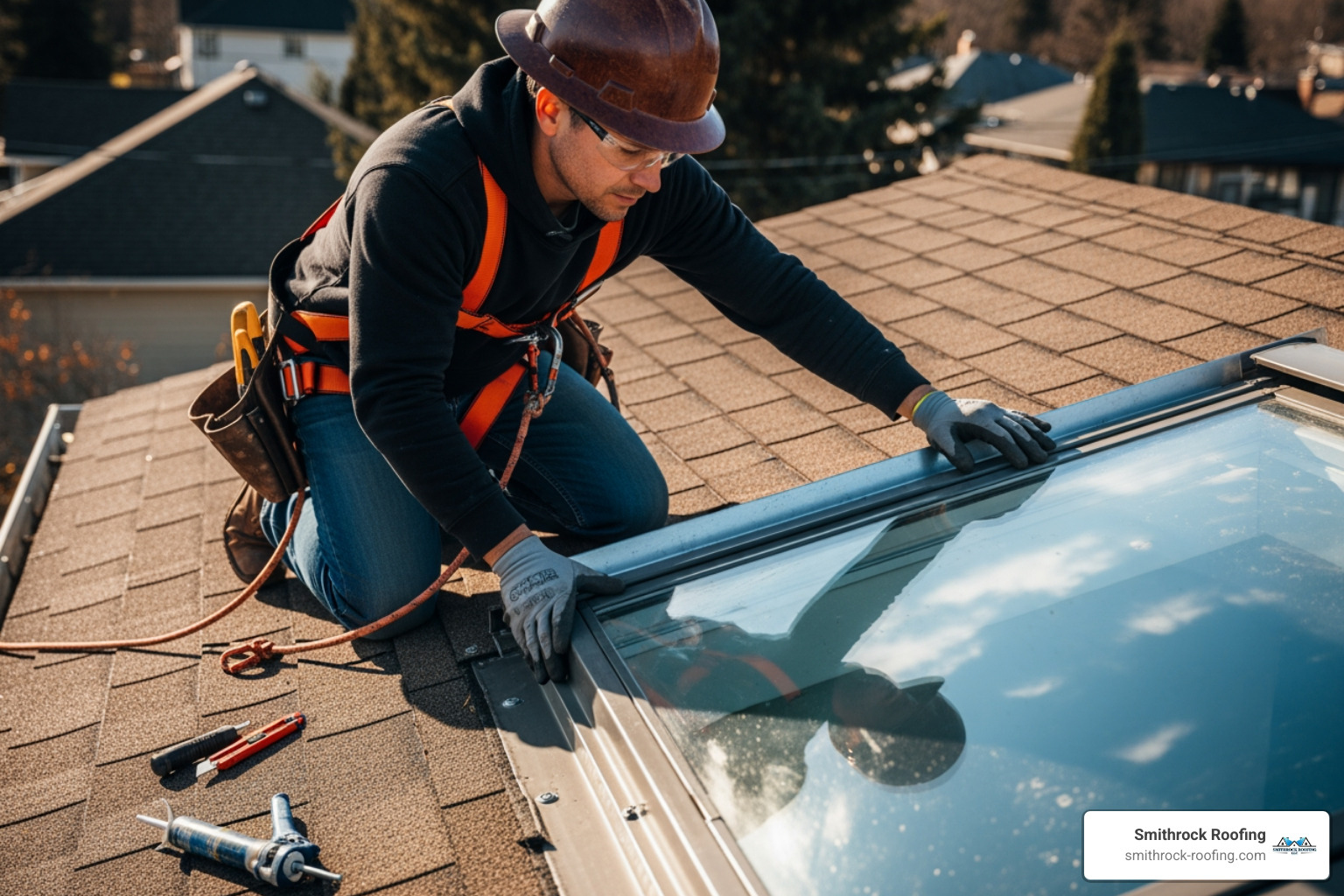 A roofer inspecting the flashing around a skylight - common skylight leaks