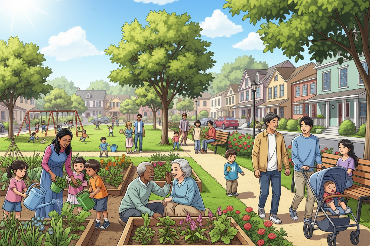 welcoming diverse neighborhood with green spaces and community garden - grants for low income home buyers