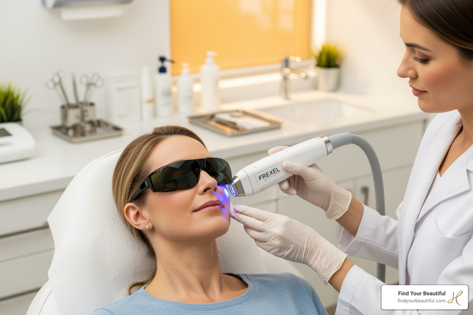 A patient comfortably receiving a gentle Fraxel laser treatment on their cheek - fraxel laser san antonio A patient comfortably receiving a gentle Fraxel laser treatment on their cheek - fraxel laser san antonio