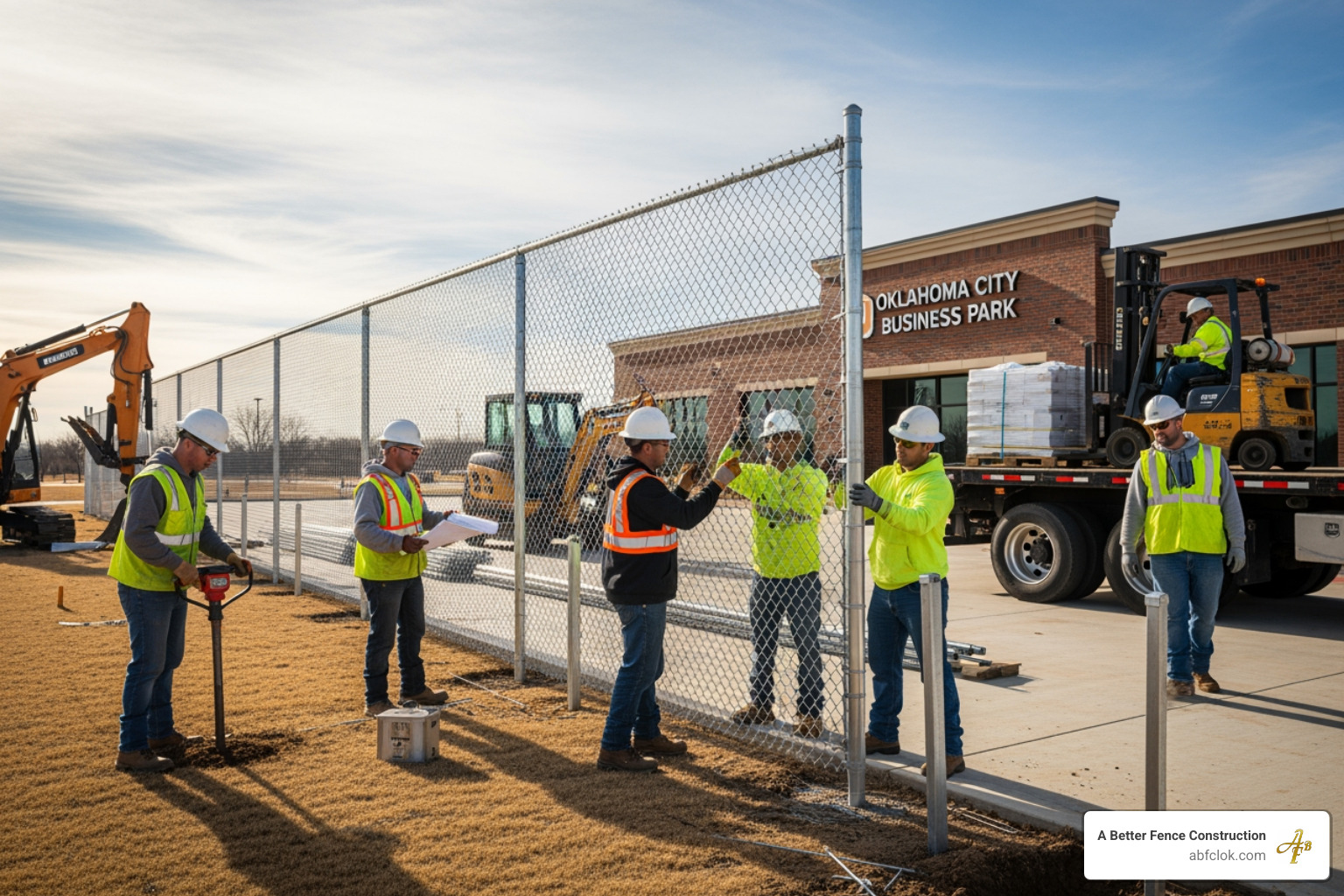 A fencing crew professionally installing a commercial fence - commercial fence company okc A fencing crew professionally installing a commercial fence - commercial fence company okc