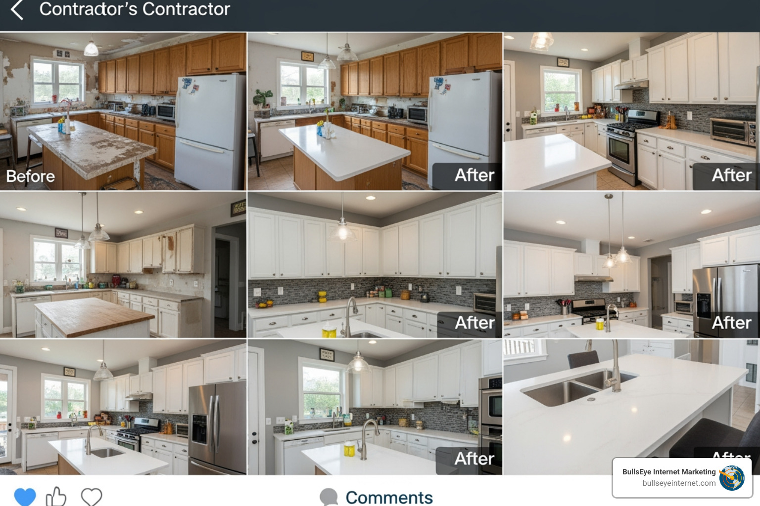 social media feed showcasing a contractor's before-and-after project - Digital marketing for contractors Before and after kitchen renovation images showcasing transformations with modern cabinetry, countertops, and appliances, emphasizing contractor expertise in home improvement.