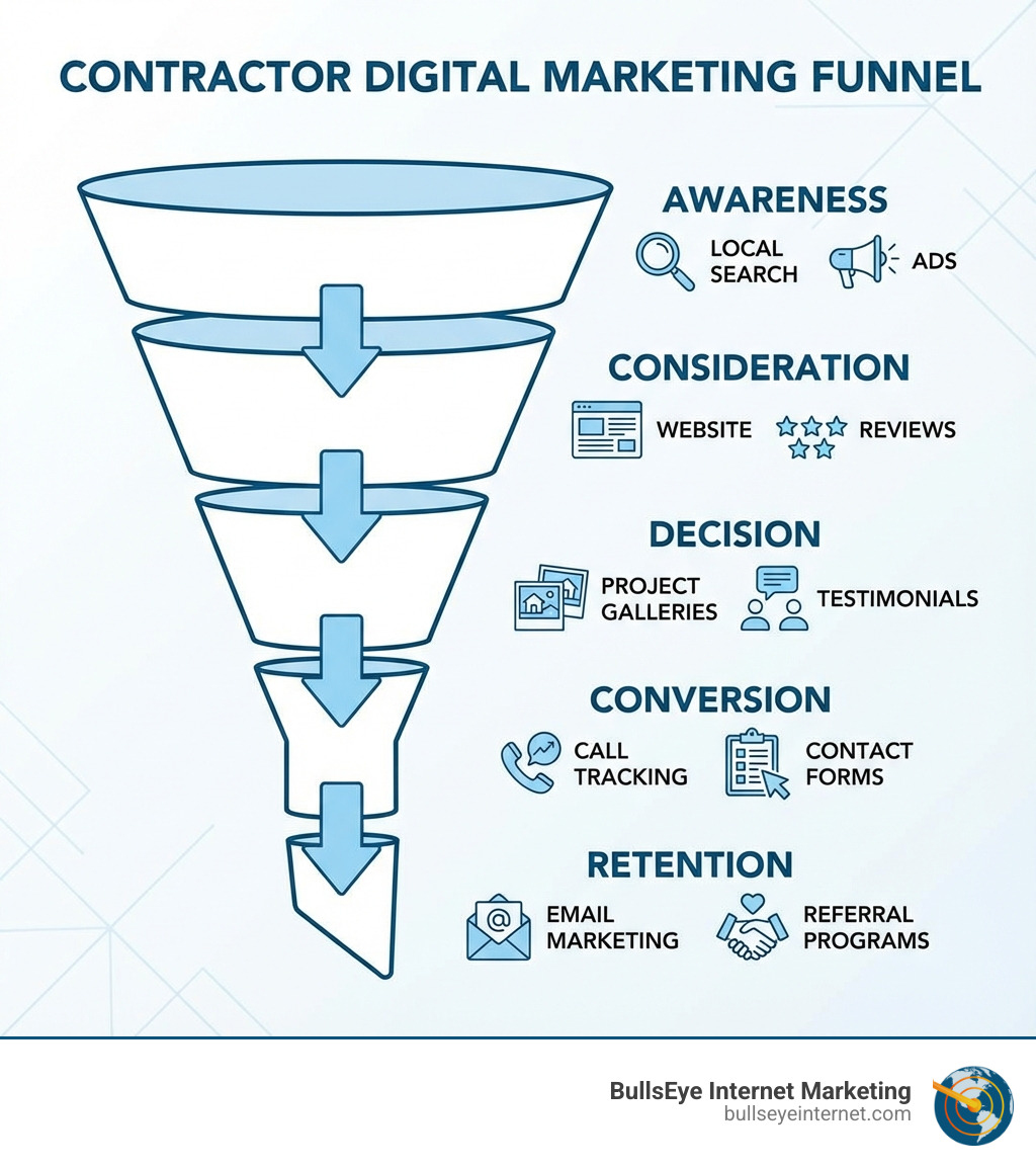 infographic showing the contractor digital marketing funnel with five stages: awareness through local search and ads, consideration via website and reviews, decision using project galleries and testimonials, conversion through call tracking and contact forms, and retention via email marketing and referral programs - Digital marketing for contractors infographic Contractor digital marketing funnel diagram illustrating stages: awareness (local search, ads), consideration (website, reviews), decision (project galleries, testimonials), conversion (call tracking, contact forms), retention (email marketing, referral programs), branded by Bullseye Internet Marketing.