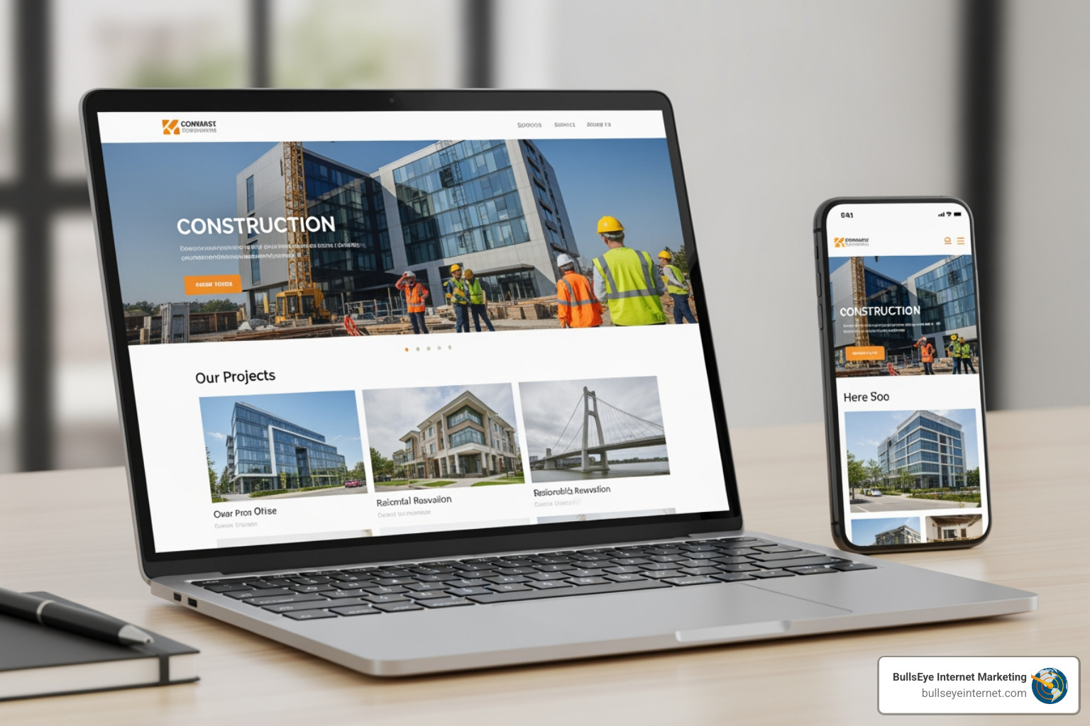 professional contractor website displayed on a laptop and a mobile phone - Digital marketing for contractors Laptop and smartphone displaying a construction company website, featuring a header with "CONSTRUCTION," images of projects, and multiple workers in safety gear, emphasizing digital marketing for contractors.