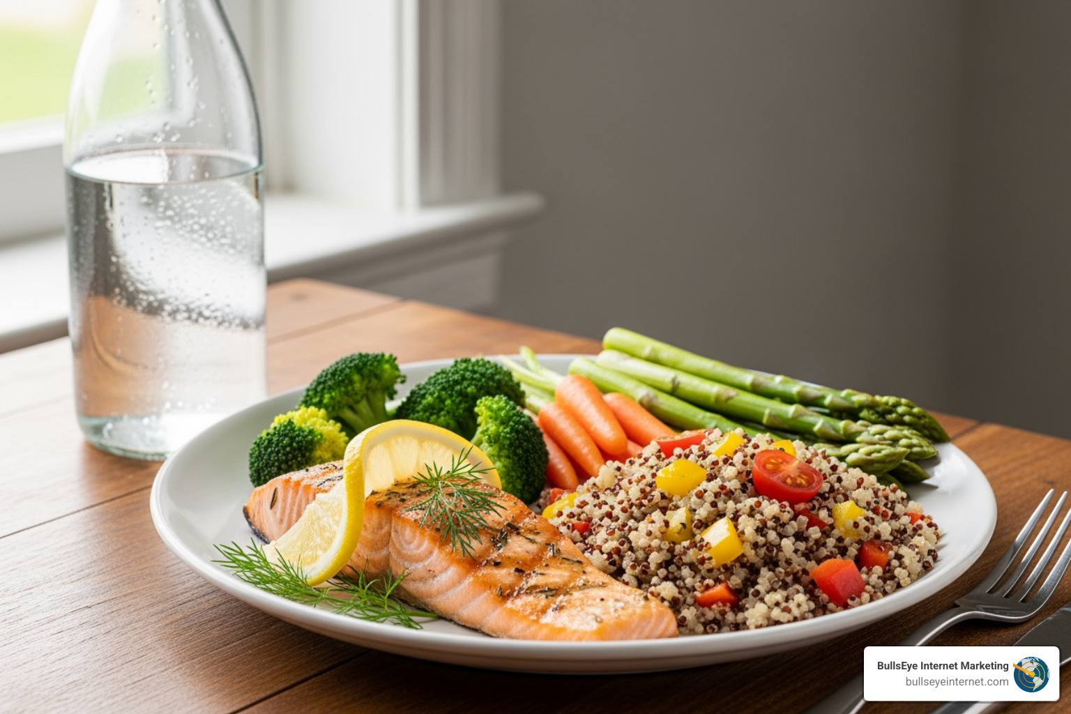 Grilled salmon with lemon, quinoa salad featuring bell peppers and tomatoes, steamed broccoli, carrots, and asparagus on a plate, with a bottle of water in the background, emphasizing nutrition for effective weight loss and fitness.