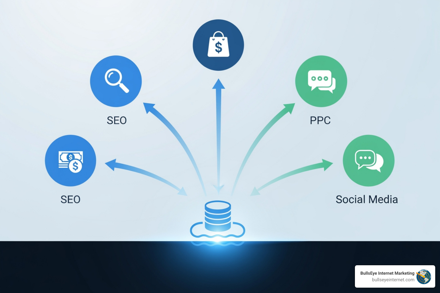 Graphic illustrating a pay-per-lead marketing strategy with icons for SEO, PPC, and Social Media directing towards a central database, emphasizing lead generation and qualification for growth-stage companies.
