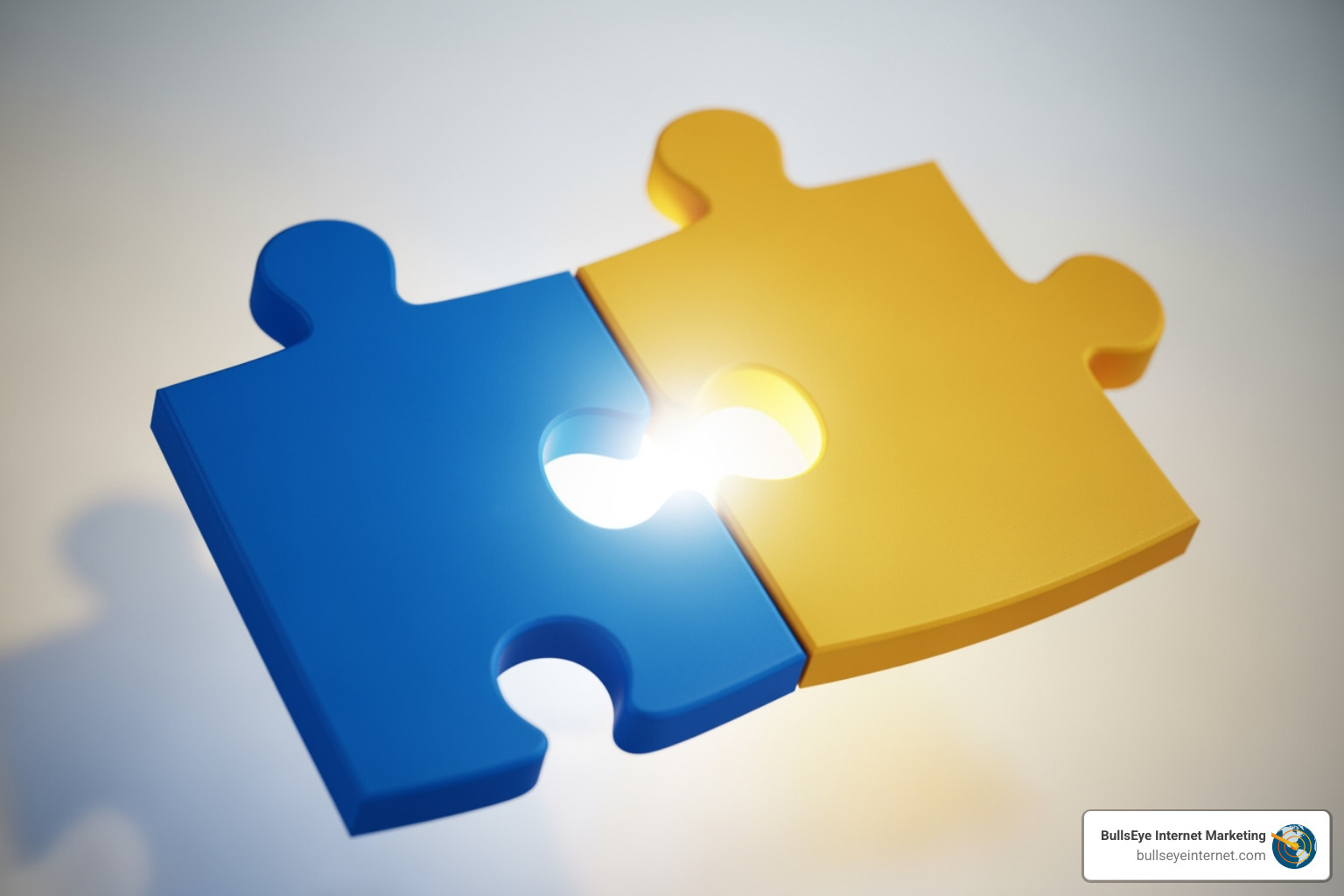 Blue and yellow puzzle pieces connecting symbolizing partnership and collaboration in performance marketing by BullsEye Internet.
