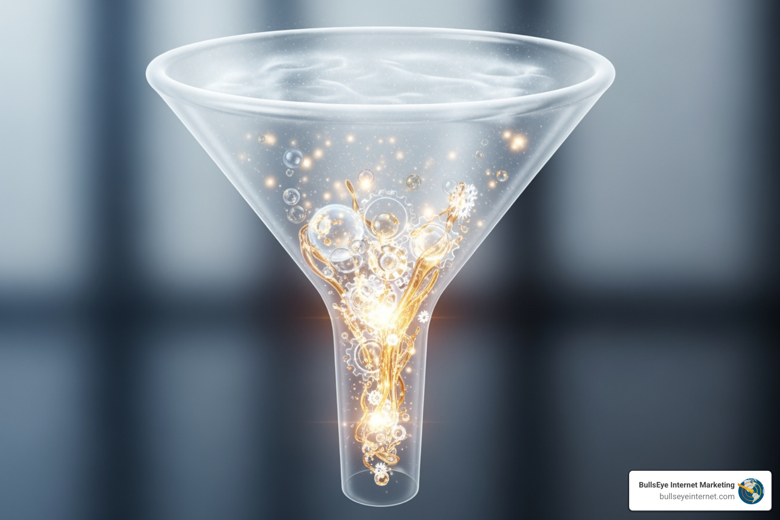 Marketing funnel with PPL at the bottom, converting leads - pest control pay per lead Transparent funnel with swirling bubbles and glowing elements, symbolizing lead generation and marketing strategies for pest control by BullsEye Internet Marketing.