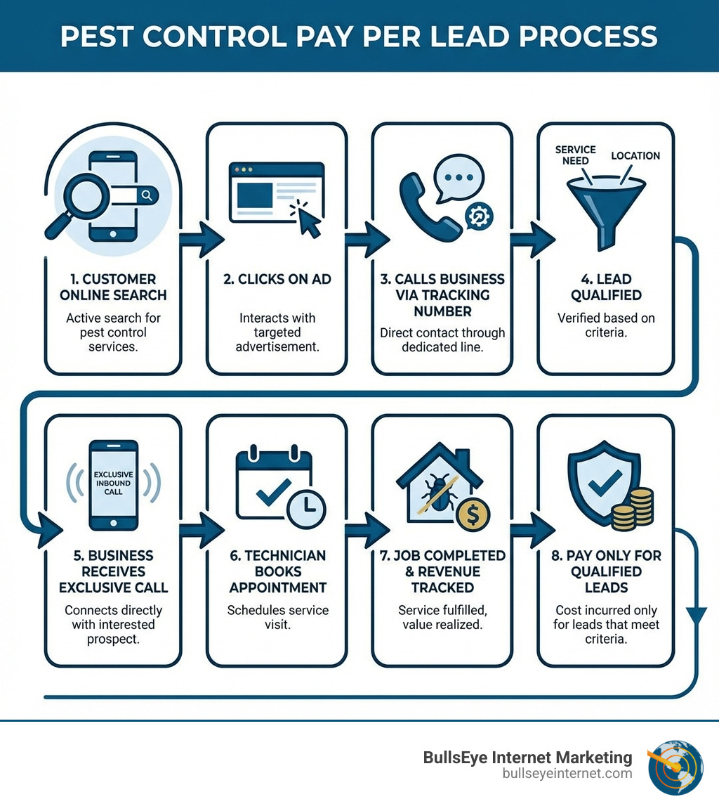 Infographic showing the pest control pay per lead process: customer searches online for pest control service, clicks on ad, calls business directly via tracking number, lead is qualified based on service need and location, business receives exclusive inbound call, technician books appointment, job is completed and revenue is tracked, business only pays for qualified leads that meet criteria - pest control pay per lead infographic Pest control pay per lead process infographic illustrating customer online search, ad interaction, call tracking, lead qualification, exclusive inbound calls, appointment scheduling, job completion, and payment for qualified leads, branded by BullsEye Internet Marketing.