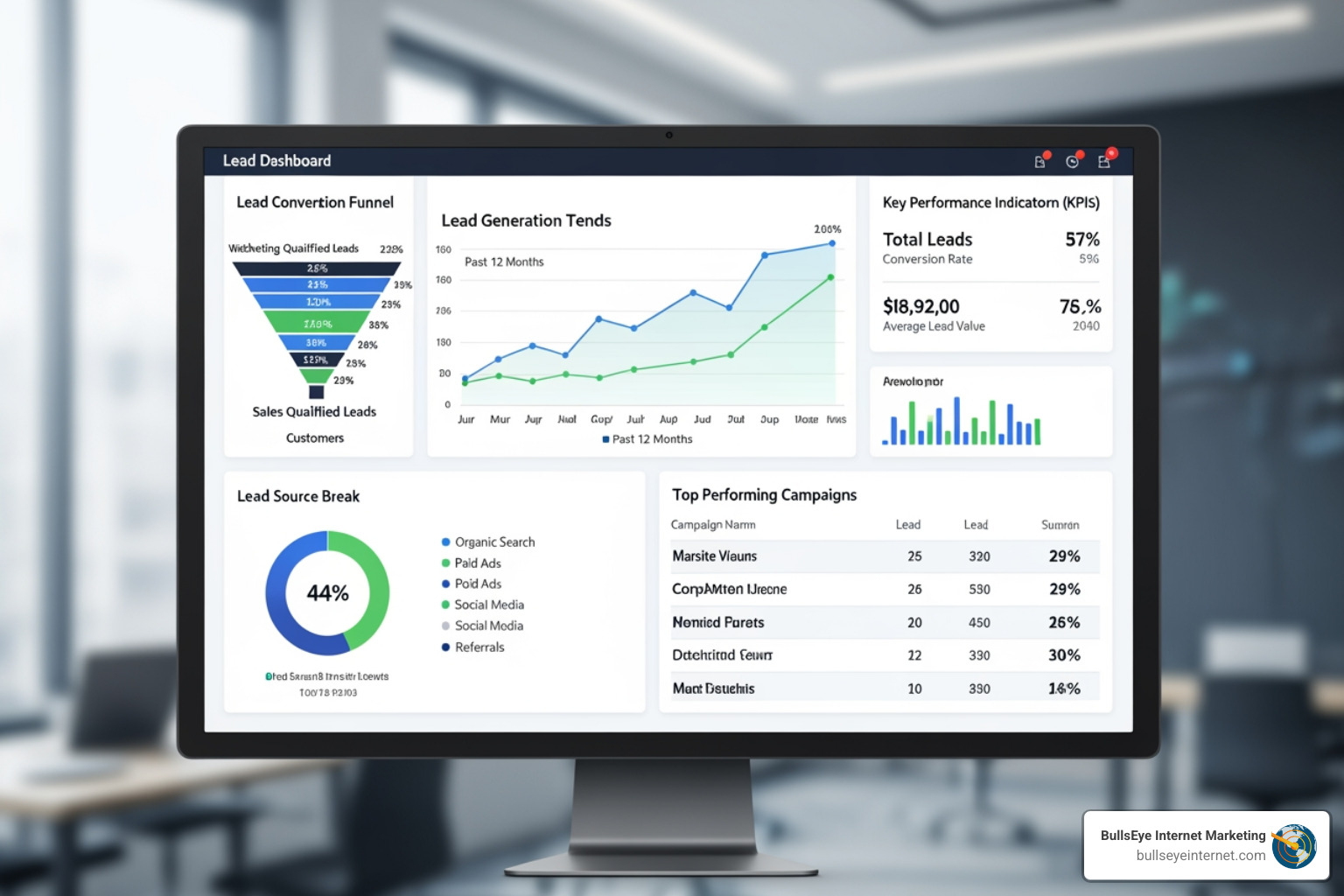 Dashboard showing lead tracking metrics with charts and graphs - pest control pay per lead Lead dashboard displaying key performance indicators, lead generation trends, and conversion rates for a pest control pay-per-lead marketing strategy by BullsEye Internet Marketing.