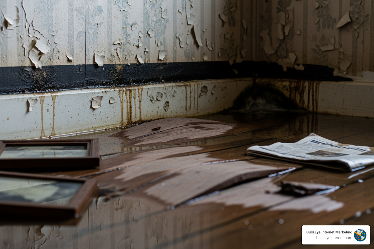 Water-damaged room with peeling wallpaper, standing water on wooden floor, and a newspaper, illustrating the need for water damage restoration services.