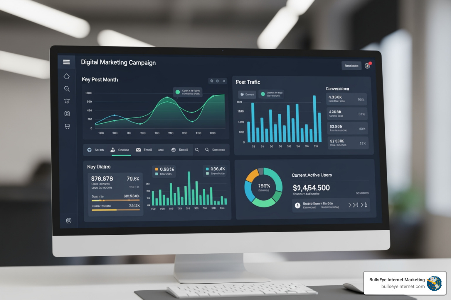Digital marketing campaign dashboard displaying key metrics such as traffic, conversions, and active users, relevant to Bing PPC services and performance optimization by BullsEye Internet Marketing.