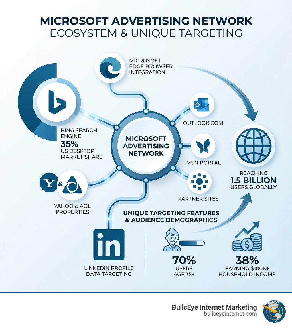 Infographic showing the Microsoft Advertising Network ecosystem including Bing search engine (35% US desktop market share), Yahoo search results, AOL properties, Microsoft Edge browser integration, Outlook.com, MSN portal, and partner sites reaching 1.5 billion users globally, plus unique targeting features like LinkedIn profile data and audience demographics showing 70% users age 35+, 38% earning $100k+ household income - bing ads agency infographic 