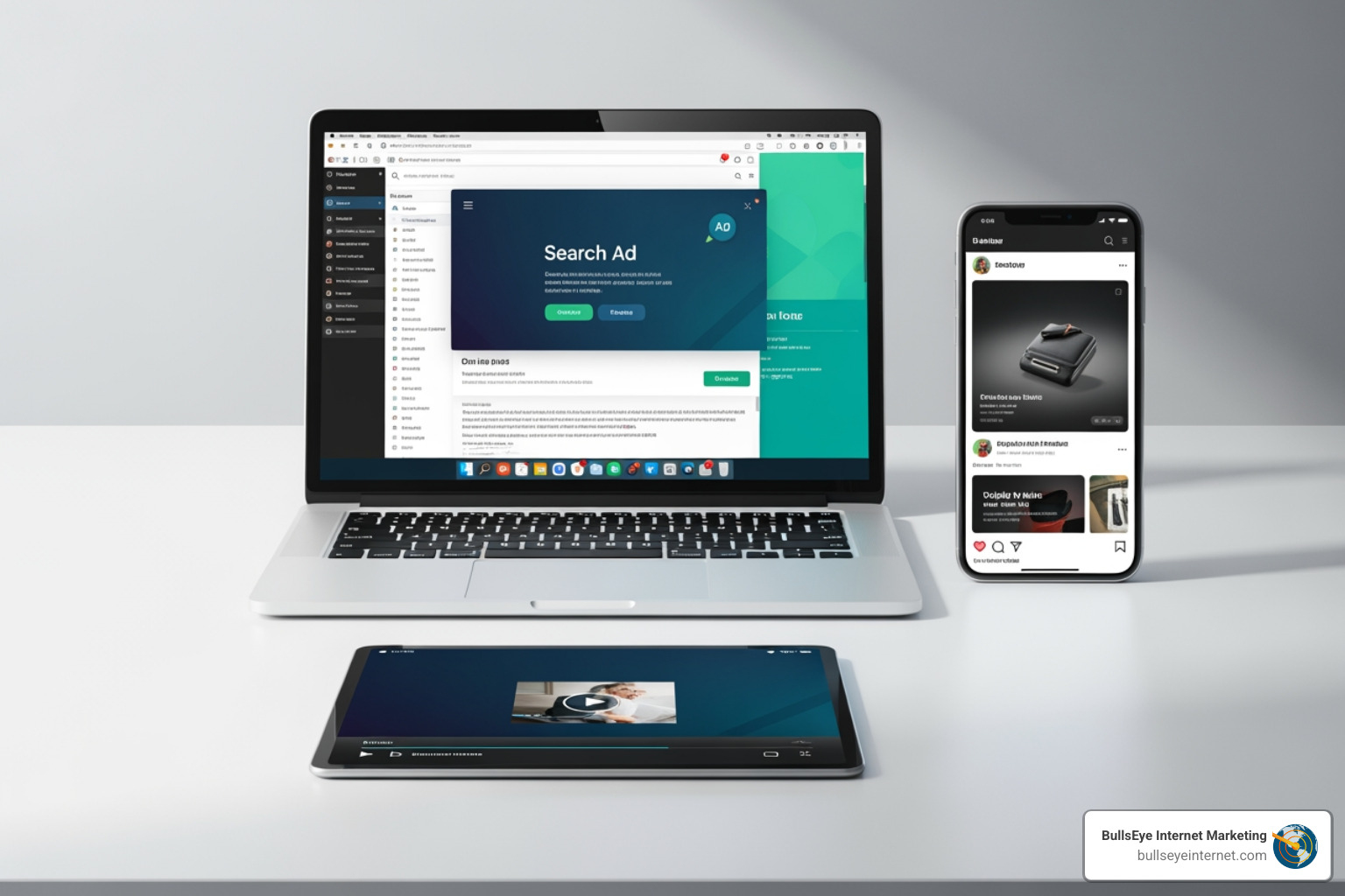 Microsoft Ad formats - microsoft ads agency Laptop displaying Microsoft Search Ad interface, tablet playing video content, and smartphone showcasing social media ads, representing digital advertising strategies by Bullseye Internet.