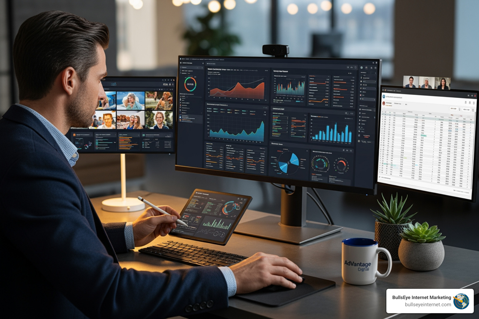 Professional analyzing Bing Ads performance on multiple monitors, showcasing data visualizations and campaign metrics, with a focus on optimizing advertising strategies for BullsEye Internet Marketing.