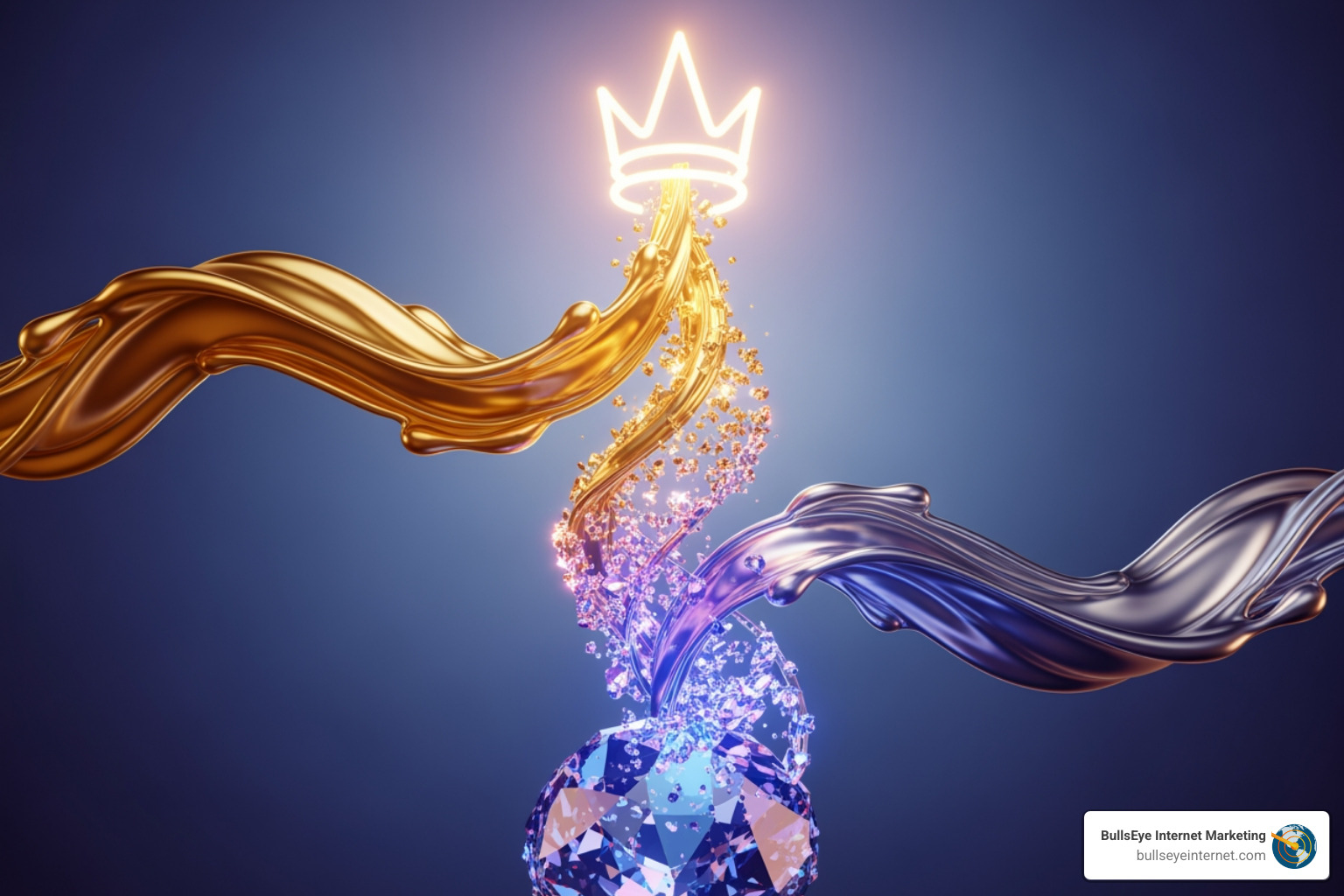 Golden and silver fluid shapes swirling around a sparkling diamond with a glowing crown above, symbolizing excellence in digital marketing and Google Ads optimization.