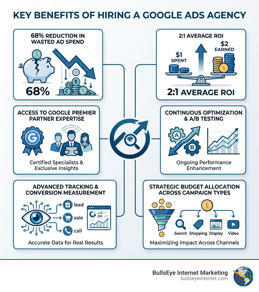 Infographic explaining the key benefits of hiring a Google Ads agency: 68% reduction in wasted ad spend, 2:1 average ROI, access to Google Premier Partner expertise, continuous optimization and A/B testing, advanced tracking and conversion measurement, and strategic budget allocation across campaign types - google ads company infographic Infographic explaining the key benefits of hiring a Google Ads agency: 68% reduction in wasted ad spend, 2:1 average ROI, access to Google Premier Partner expertise, continuous optimization and A/B testing, advanced tracking and conversion measurement, and strategic budget allocation across campaign types - google ads company infographic