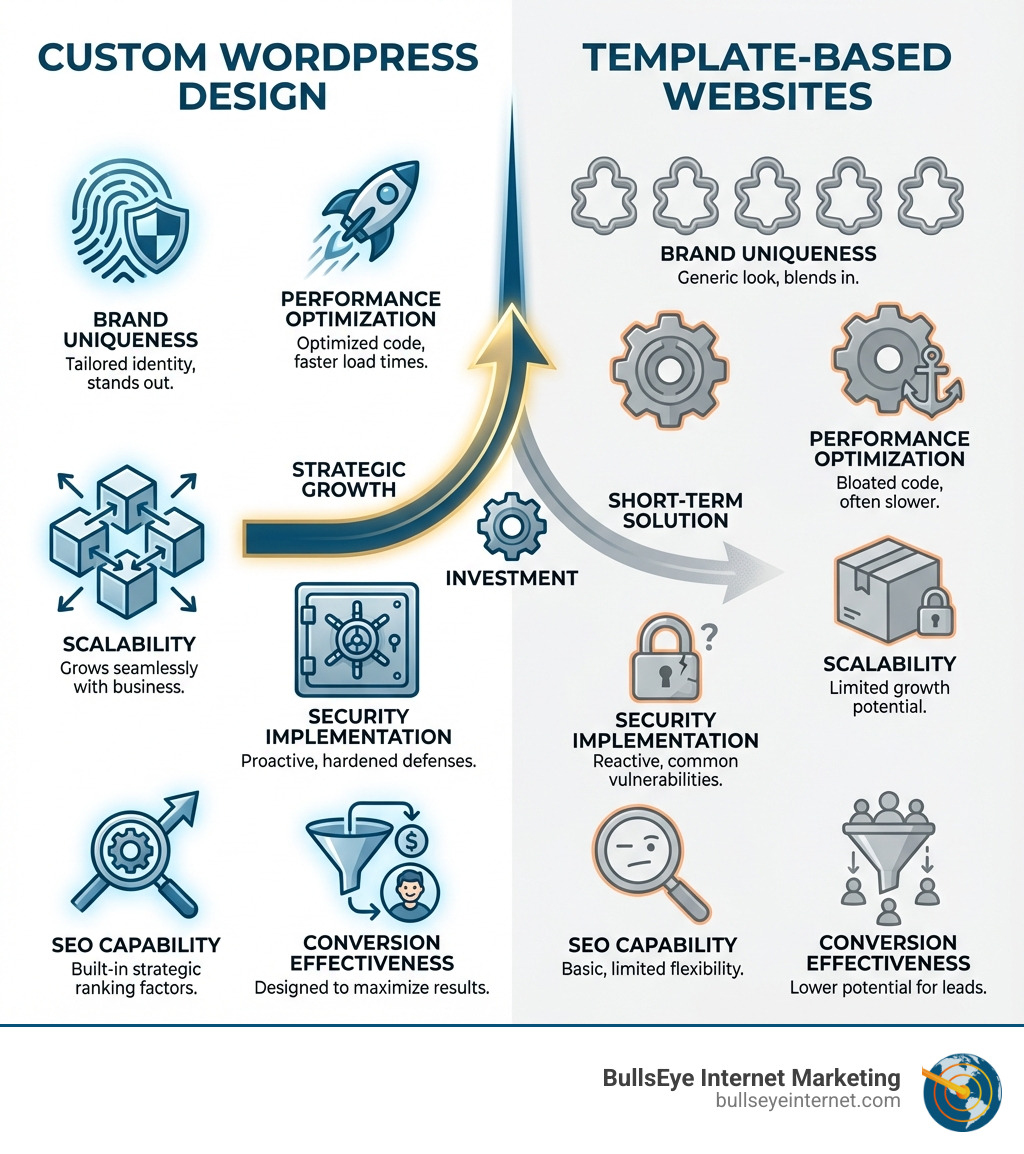 Custom WordPress design benefits including brand uniqueness, performance optimization, scalability, security implementation, and SEO capability contrasted with limitations of template-based websites, emphasizing strategic investment for business growth.