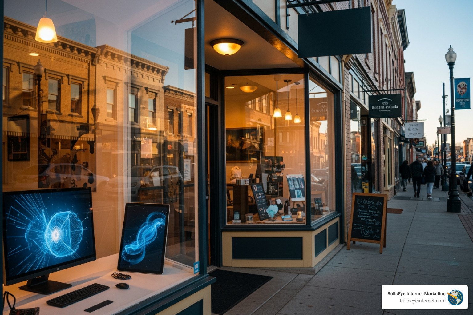 local business storefront with a "We're Online!" sign - wordpress web designer near me Storefront showcasing modern computer displays with digital graphics, emphasizing local web design services by BullsEye Internet Marketing, in a bustling street setting.