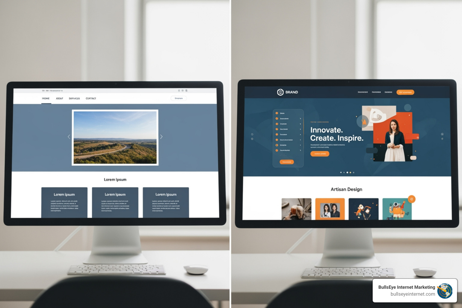 Custom WordPress web design showcasing two distinct website layouts on a computer screen, emphasizing user experience and brand identity, with branding from Bullseye Internet Marketing.