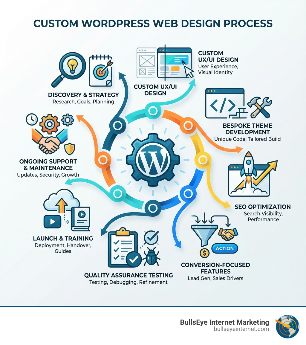 Custom WordPress web design process infographic featuring steps like discovery and strategy, custom UX/UI design, bespoke theme development, ongoing support and maintenance, quality assurance testing, launch and training, SEO optimization, and conversion-focused features, branded by BullsEye Internet Marketing.