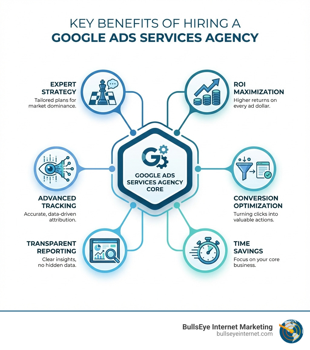 Key benefits of hiring a Google Ads services agency infographic illustrating expert strategy, ROI maximization, advanced tracking, transparent reporting, conversion optimization, and time savings, branded with BullsEye Internet Marketing logo.