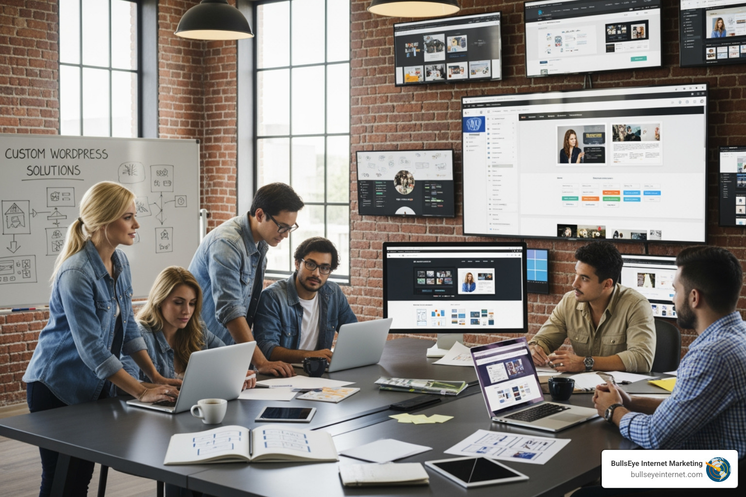 Team collaborating on custom WordPress web design solutions in a modern office, with multiple screens displaying website designs and strategies.