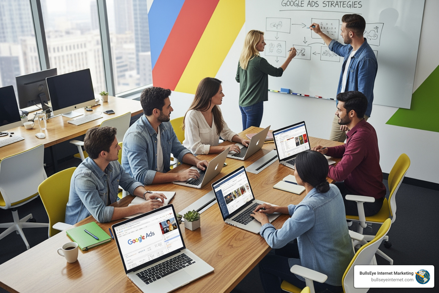 Team collaborating on Google Ads strategies in a modern office setting, with laptops displaying Google Ads interfaces, whiteboard with strategic drawings, and Bullseye Internet Marketing branding visible.