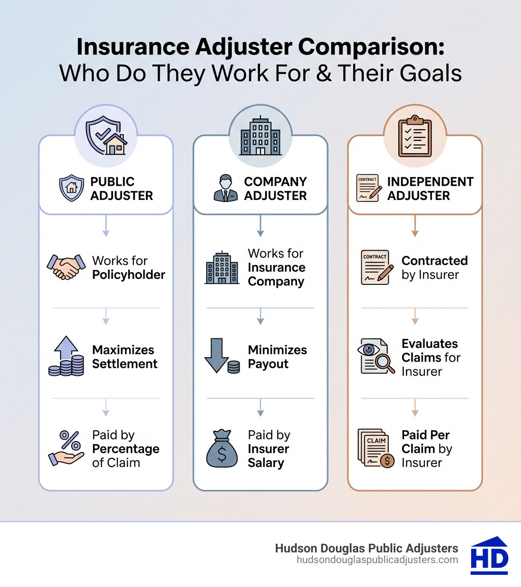 Infographic showing three columns comparing Public Adjuster (works for policyholder, maximizes settlement, paid by percentage of claim), Company Adjuster (works for insurance company, minimizes payout, paid by insurer salary), and Independent Adjuster (contracted by insurer, evaluates claims for insurer, paid per claim by insurer) - arizona public adjuster infographic Infographic showing three columns comparing Public Adjuster (works for policyholder, maximizes settlement, paid by percentage of claim), Company Adjuster (works for insurance company, minimizes payout, paid by insurer salary), and Independent Adjuster (contracted by insurer, evaluates claims for insurer, paid per claim by insurer) - arizona public adjuster infographic
