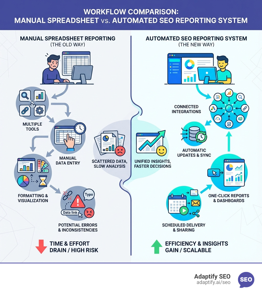 Infographic comparing manual spreadsheet reporting workflow (multiple tools, manual data entry, formatting, errors) versus automated SEO reporting system workflow (connected integrations, automatic updates, one-click reports, scheduled delivery) - SEO reporting system infographic