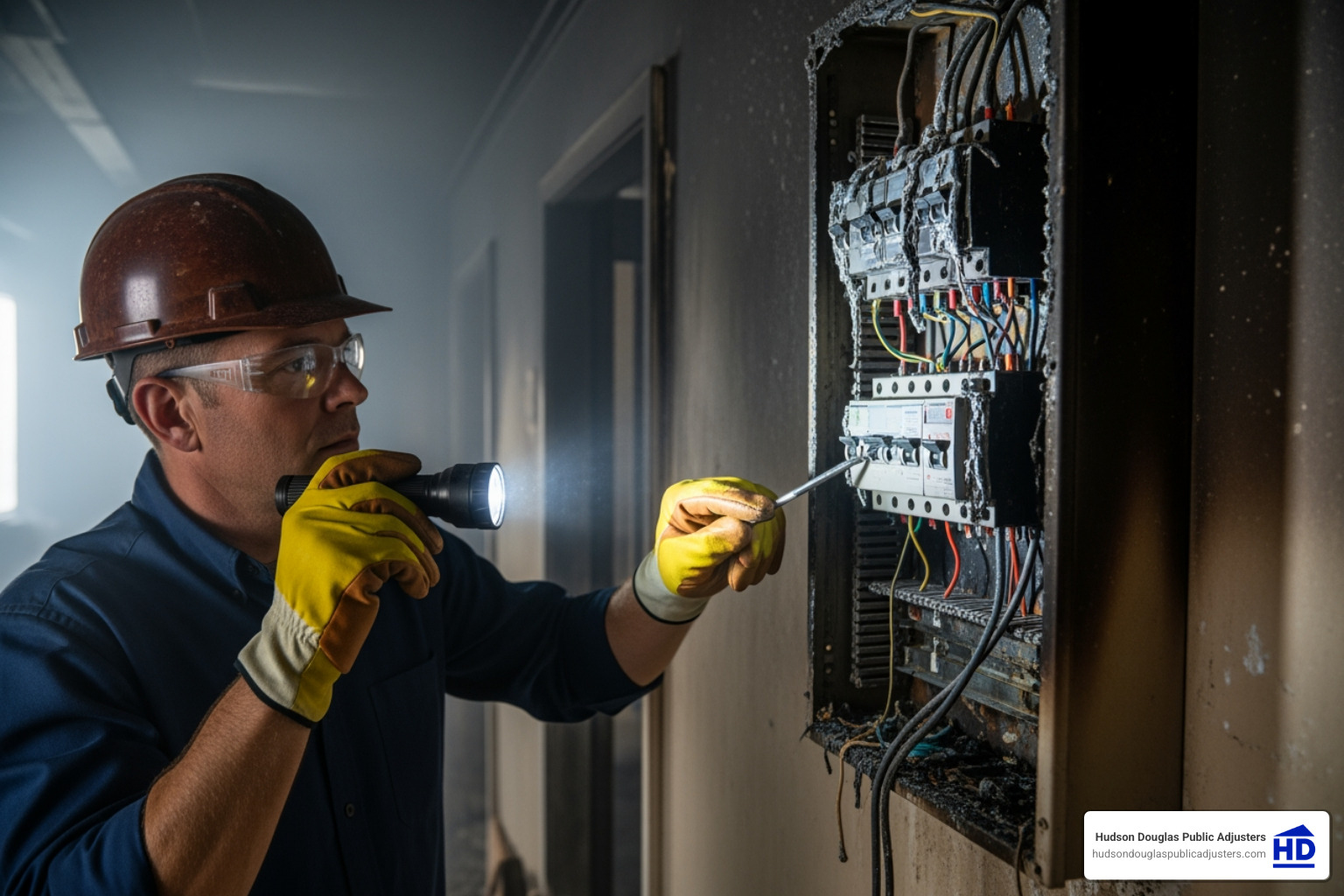 electrician inspecting fire-damaged breaker panel - electrical fire damage electrician inspecting fire-damaged breaker panel - electrical fire damage