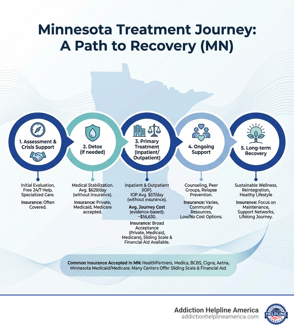 Infographic showing the Minnesota treatment journey: Assessment and Crisis Support → Detox (if needed) → Primary Treatment (Inpatient/Outpatient) → Ongoing Support → Long-term Recovery, with average costs and insurance information for each stage - drug treatment centers in mn infographic 