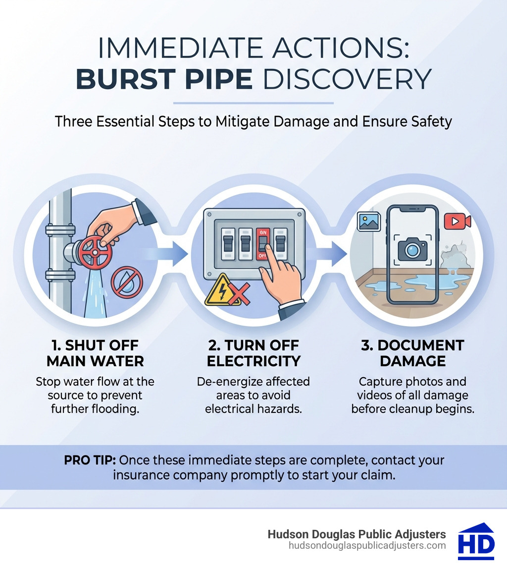 Infographic showing three immediate steps after discovering a burst pipe: Step 1 - Shut off main water supply valve to stop water flow; Step 2 - Turn off electricity in affected areas to prevent electrical hazards; Step 3 - Document all damage with photos and videos before cleanup begins - Burst pipe insurance claim infographic Infographic showing three immediate steps after discovering a burst pipe: Step 1 - Shut off main water supply valve to stop water flow; Step 2 - Turn off electricity in affected areas to prevent electrical hazards; Step 3 - Document all damage with photos and videos before cleanup begins - Burst pipe insurance claim infographic