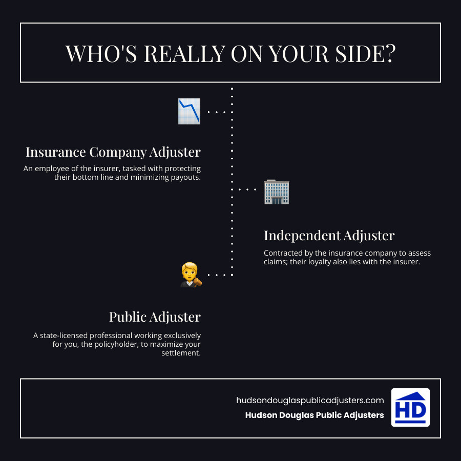 Infographic showing three columns: 1) Insurance Company Staff Adjuster - employed by insurer, goal is to minimize payout, paid by insurance company. 2) Independent Adjuster - contracted by insurer, goal is to minimize payout, paid by insurance company. 3) Public Adjuster - licensed advocate for policyholder, goal is to maximize settlement, paid by policyholder as percentage of recovery - fire damage claim adjuster infographic infographic-line-3-steps-dark Infographic showing three columns: 1) Insurance Company Staff Adjuster - employed by insurer, goal is to minimize payout, paid by insurance company. 2) Independent Adjuster - contracted by insurer, goal is to minimize payout, paid by insurance company. 3) Public Adjuster - licensed advocate for policyholder, goal is to maximize settlement, paid by policyholder as percentage of recovery - fire damage claim adjuster infographic infographic-line-3-steps-dark